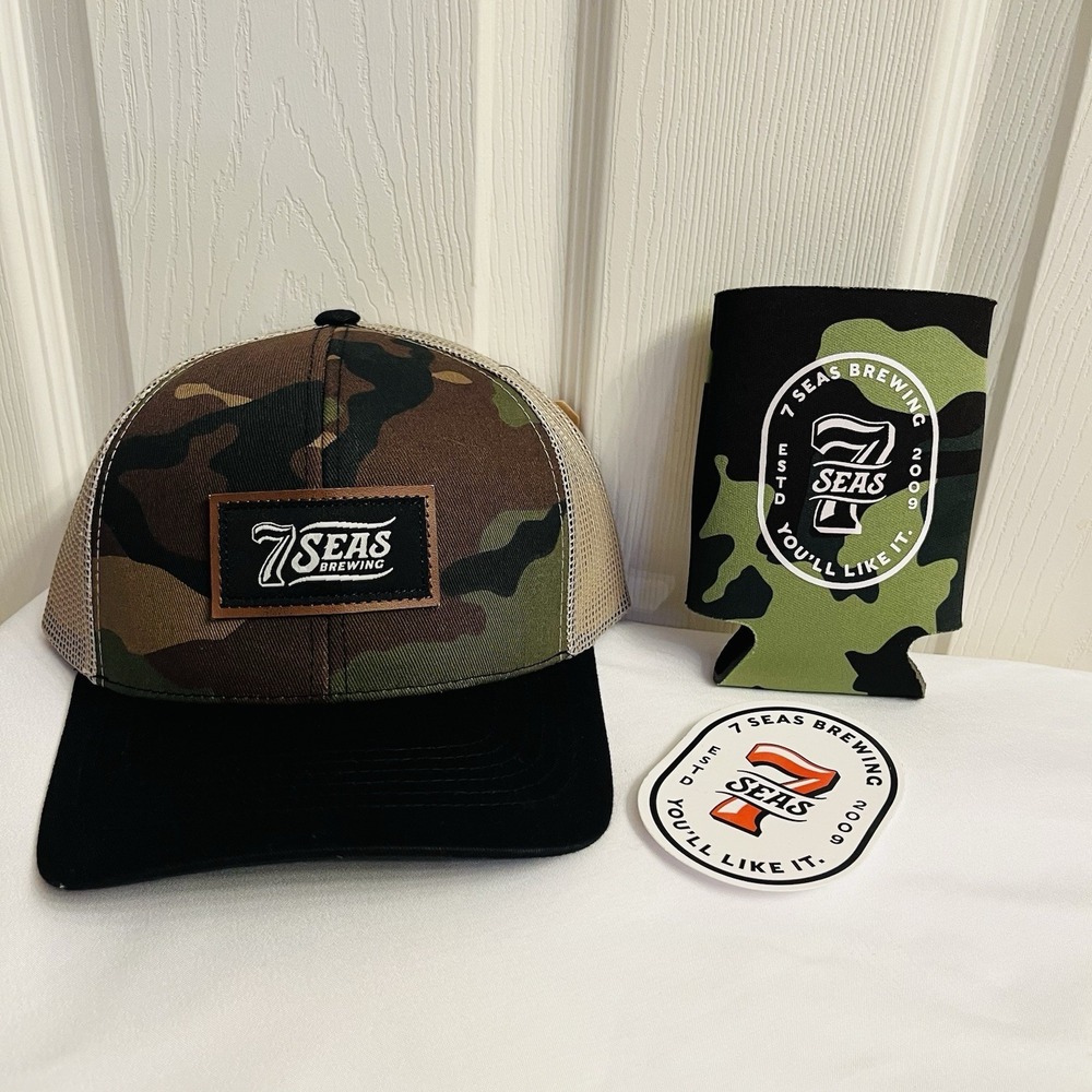 7 Seas Brewing Camo Men's Snapback Trucker Hat & Can Koozie, Tacoma, WA